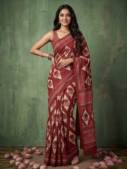 Sareemall - Cotton Maroon Printed Saree with Unstitched Blouse