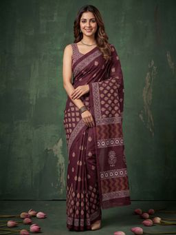 Sareemall - Cotton Wine Printed Saree with Unstitched Blouse
