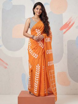 Sareemall - Cotton Orange Printed Saree with Unstitched Blouse