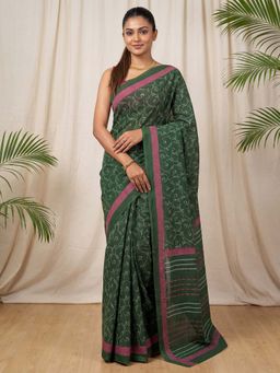 Sareemall - Cotton Green Printed Saree with Unstitched Blouse