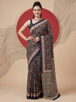Sareemall - Cotton Navy Blue Printed Saree with Unstitched Blouse