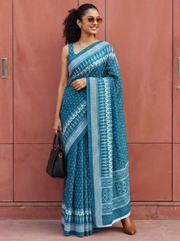 Sareemall - Cotton Teal Blue Printed Saree with Unstitched Blouse