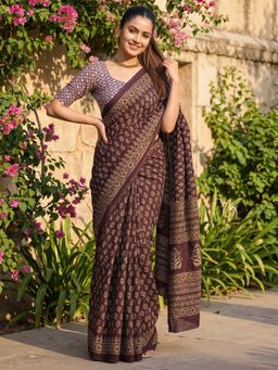 Sareemall - Cotton Wine Printed Saree with Unstitched Blouse