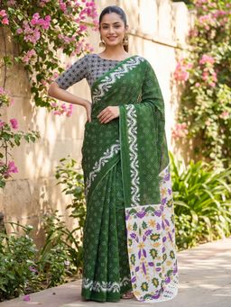 Sareemall - Cotton Green Printed Saree with Unstitched Blouse