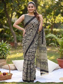 Sareemall - Cotton Black Printed Saree with Unstitched Blouse