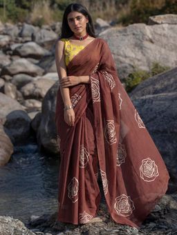 Sareemall - Cotton Dark Brown Printed Saree with Unstitched Blouse