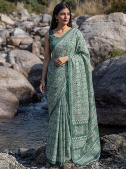 Sareemall - Cotton Turquoise Printed Saree with Unstitched Blouse