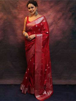 Odette - Red Silk Blend Woven Saree with Unstitched Blouse