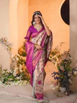 Odette - Dark Pink Silk Blend Printed Saree with Unstitched Blouse