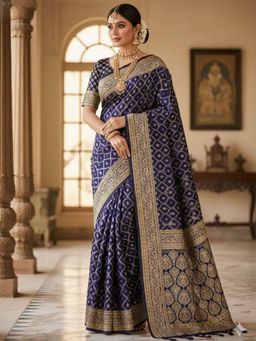 Odette - Navy Blue Silk Blend Printed Saree with Unstitched Blouse