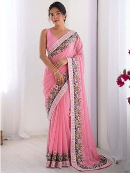 Odette - Pink Georgette Embroidered Saree with Unstitched Blouse