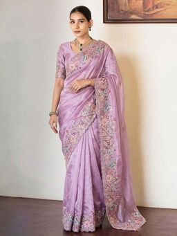 Odette - Lavender Silk Blend Embroidered Saree with Unstitched Blouse
