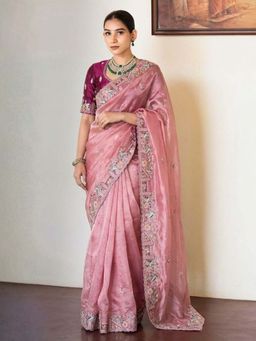 Odette - Light Pink Silk Blend Embroidered Saree with Unstitched Blouse