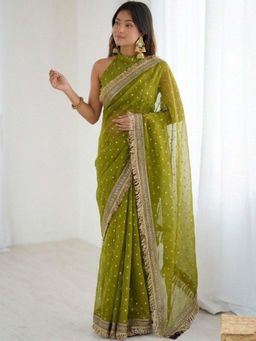 Odette - Green Silk Blend Embroidered Saree with Unstitched Blouse