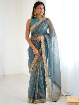 Odette - Teal Blue Silk Blend Embroidered Saree with Unstitched Blouse