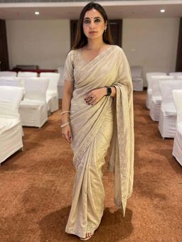 Odette - Cream Satin Silk Embroidered Saree with Unstitched Blouse