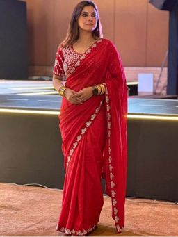 Odette - Red Satin Silk Embroidered Saree with Unstitched Blouse