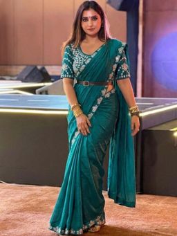 Odette - Teal Blue Satin Silk Embroidered Saree with Unstitched Blouse