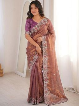 Odette - Mauve Chiffon Silk Embroidered Saree with Unstitched Blouse