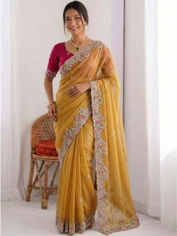 Odette - Yellow Chiffon Silk Embroidered Saree with Unstitched Blouse