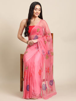 La Vastraa - Hand Painted Pink Chiffon Saree with Unstitched Blouse