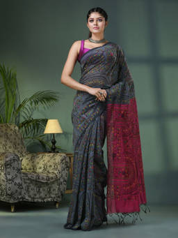 Angoshobha - Grey Cotton Blend Printed Saree with Unstitched Blouse
