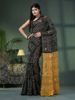 Angoshobha - Black Cotton Blend Printed Saree with Unstitched Blouse