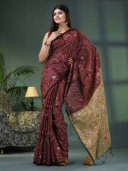 Angoshobha - Maroon Cotton Blend Printed Saree with Unstitched Blouse