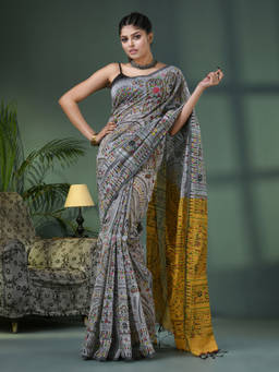Angoshobha - Grey Cotton Blend Printed Saree with Unstitched Blouse
