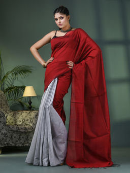 Angoshobha - Maroon & Grey Cotton Blend Handloom Saree with Unstitched Blouse