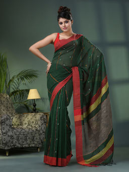 Angoshobha - Bottle Green Cotton Handloom Saree with Unstitched Blouse