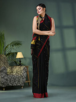 Angoshobha - Black Cotton Handloom Saree with Unstitched Blouse