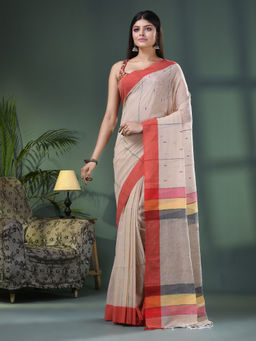 Angoshobha - Beige Cotton Handloom Saree with Unstitched Blouse