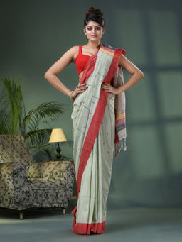 Angoshobha - Sage Green Cotton Handloom Saree with Unstitched Blouse