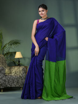 Angoshobha - Cotton Blend Blue Handloom Saree with Unstitched Blouse