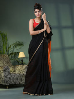 Angoshobha - Cotton Blend Black Handloom Saree with Unstitched Blouse