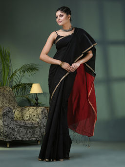 Angoshobha - Cotton Blend Black Handloom Saree with Unstitched Blouse