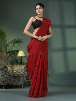 Angoshobha - Cotton Blend Red Handloom Saree with Unstitched Blouse