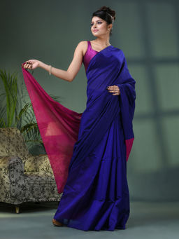 Angoshobha - Cotton Blend Blue Handloom Saree with Unstitched Blouse