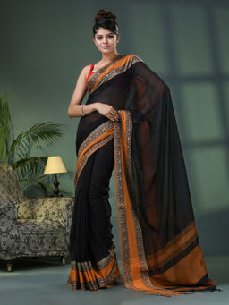 Angoshobha - Cotton Blend Black Border Handloom Saree with Unstitched Blouse