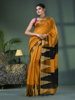 Angoshobha - Yellow Cotton Blend Temple Jacquard Border Handloom Saree with Unstitched Blouse