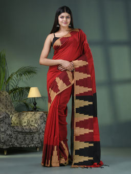 Angoshobha - Red Cotton Blend Temple Jacquard Border Handloom Saree with Unstitched Blouse