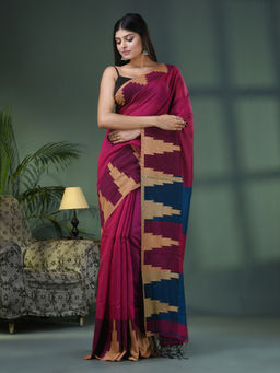 Angoshobha - Pink Cotton Blend Temple Jacquard Border Handloom Saree with Unstitched Blouse