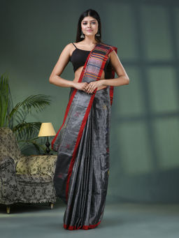 Angoshobha - Grey Zari Cotton All Body Kantha Buti Handloom Tissue Saree with Unstitched Blouse