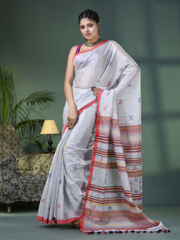 Angoshobha - Grey Zari Cotton All Body Kantha Buti Handloom Tissue Saree with Unstitched Blouse