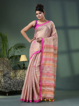 Angoshobha - Faded Pink Zari Cotton All Body Kantha Buti Handloom Tissue Saree with Unstitched Blouse