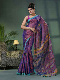 Angoshobha - Purple Zari Cotton All Body Kantha Buti Handloom Tissue Saree with Unstitched Blouse