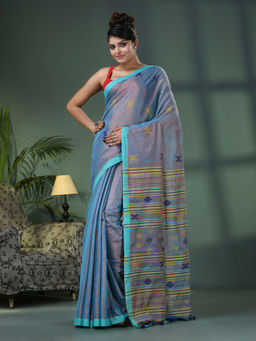Angoshobha - Sky Blue Zari Cotton All Body Kantha Buti Handloom Tissue Saree with Unstitched Blouse