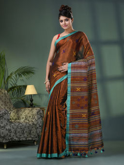 Angoshobha - Brown Zari Cotton All Body Kantha Buti Handloom Tissue Saree with Unstitched Blouse