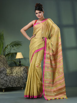 Angoshobha - Yellow Zari Cotton All Body Kantha Buti Handloom Tissue Saree with Unstitched Blouse